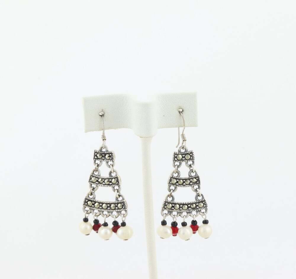 Sterling Silver Marcasite, Pearl, Rhinestone, Bead Earrings Dangle Drop 2" x 3/4 - Picture 6 of 7